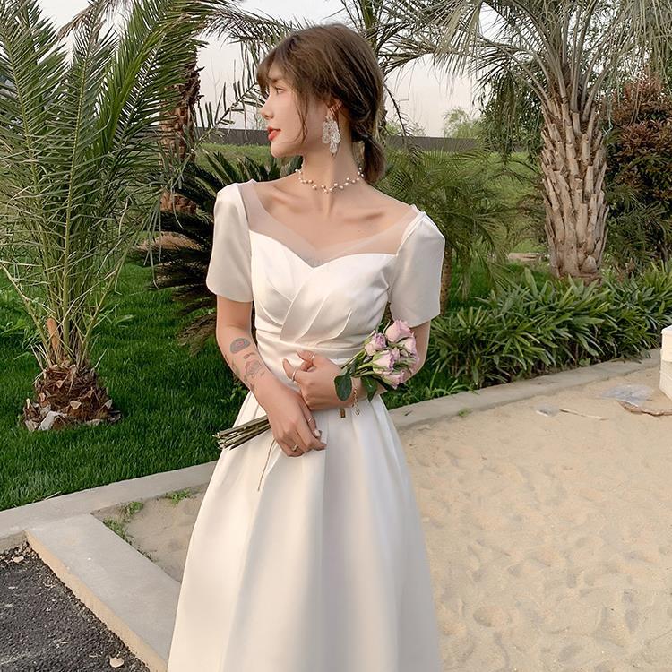 VSKKV Satin Wedding Dress New Elegant Light Wedding Dress Simple Trip Shoot White Wedding Dress Daily Style Women