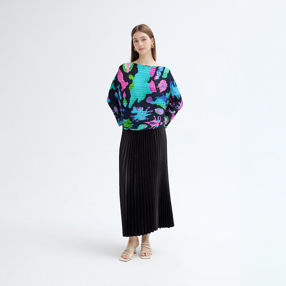 spring new space element design simple loose long-sleeved top women's print pleated T-shirt women's outside