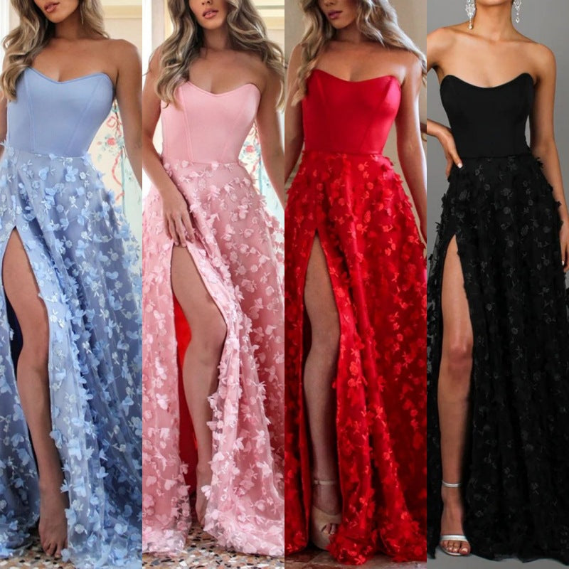 VAKKV Cross-Border European and American Fall/Winter Hot-Selling Formal Dress Tube Top Mesh Lace-up Sexy Party Evening Dress Dress Women