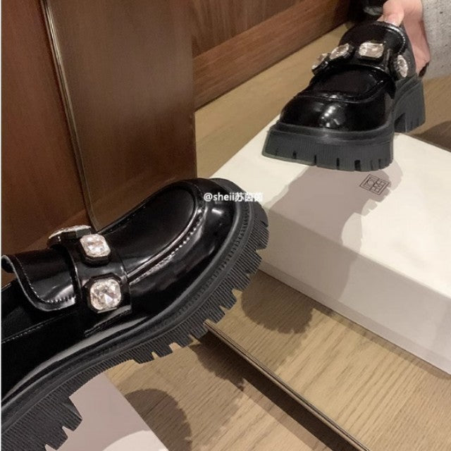 2025 Cowhide version~ Korean version of British style leather rhinestone platform one-pedal lazy loafers women's small leather shoes commuting OL