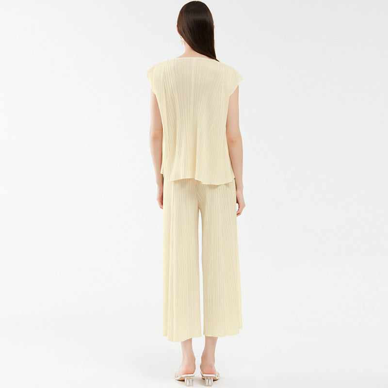 new summer women's clothing V-neck top fashion loose and thin wide-leg pants fashion suit casual two-piece set