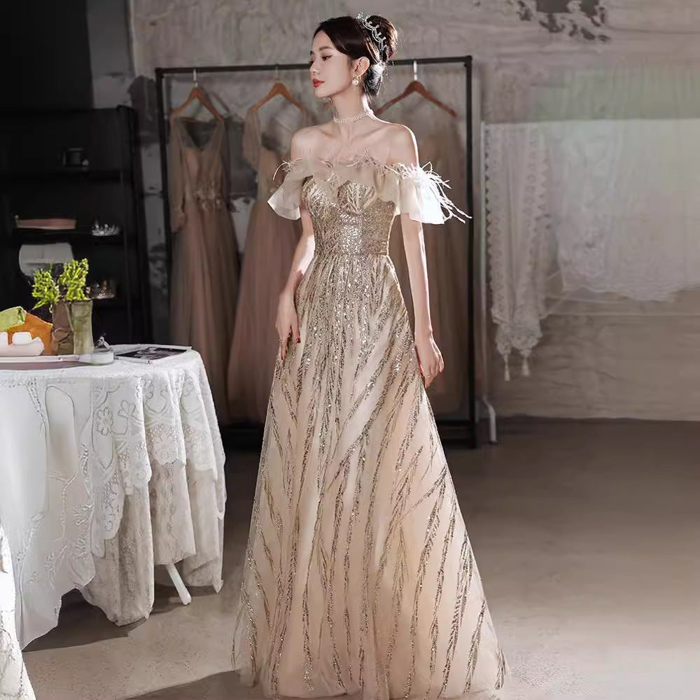 VSKKV Evening Dress for Women New High Sense Banquet Performance Birthday Champagne Light Luxury Minority Host Dress