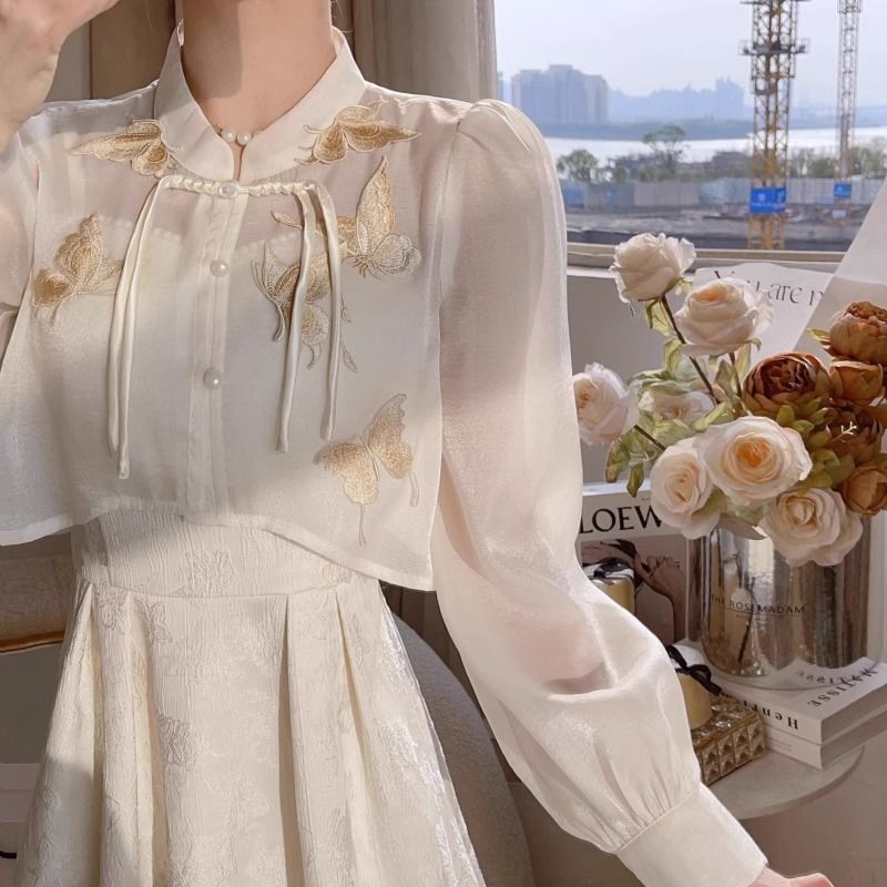 VAKKV New Chinese Style Dress National Style Suit Spring and Summer New Retro Improved Cheongsam Fairy Suspender Skirt Two-Piece Set
