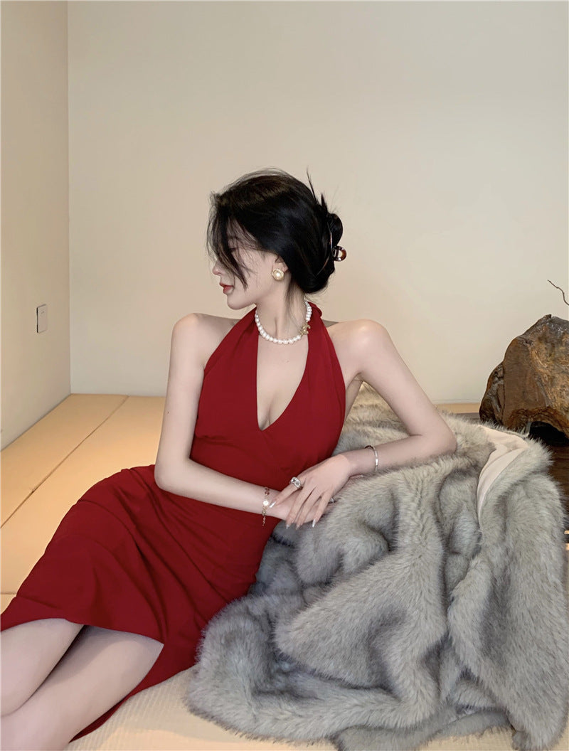 2025 Birthday party dress light luxury niche long dress sexy split neck sling hip dress women's summer