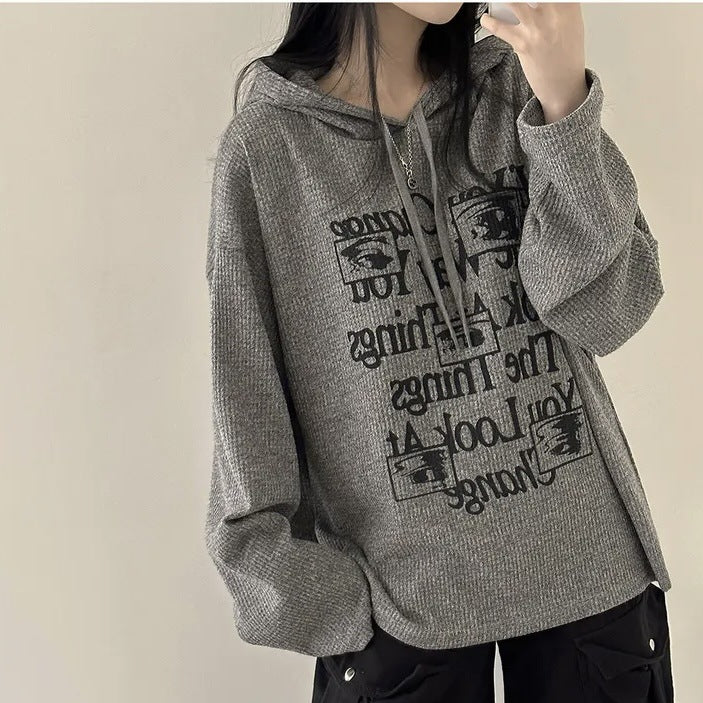 VAKKV Manufacturer waffle hooded autumn thin sweater large size fat mm loose Korean version ins velvet lazy wind outside