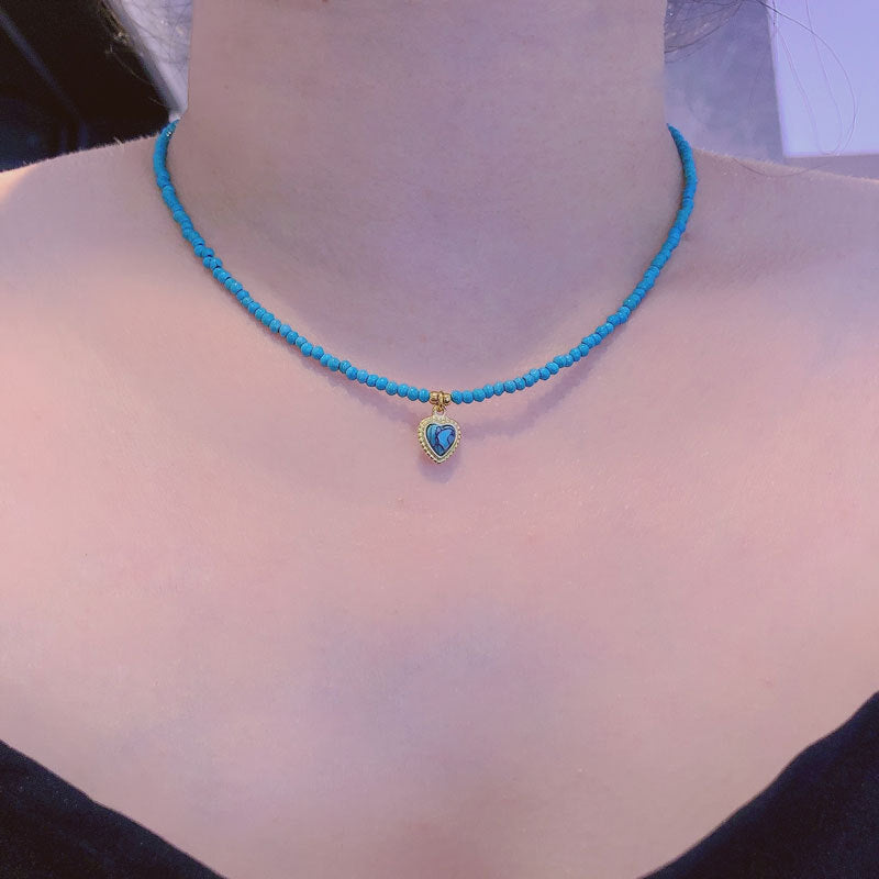 Cross-Border European and American Twin Natural Shell Pearl Necklace Diamond Turquoise Titanium Steel Pendant Color Necklace Female Accessories