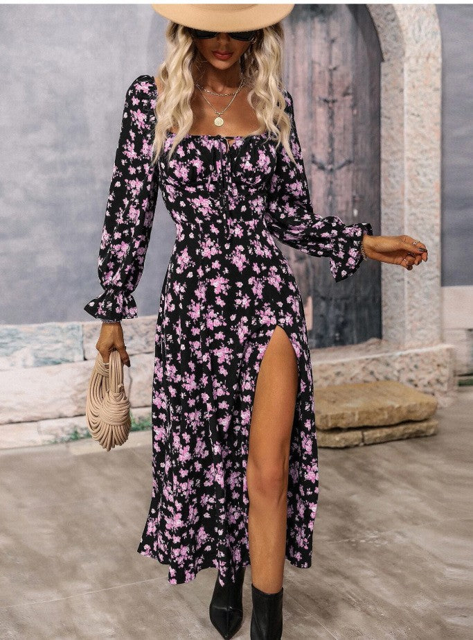 Cross-Border Foreign Trade European and American Women's Clothing Spring Independent Station Printing Long Sleeve Square-Neck Bottom Slit Dress