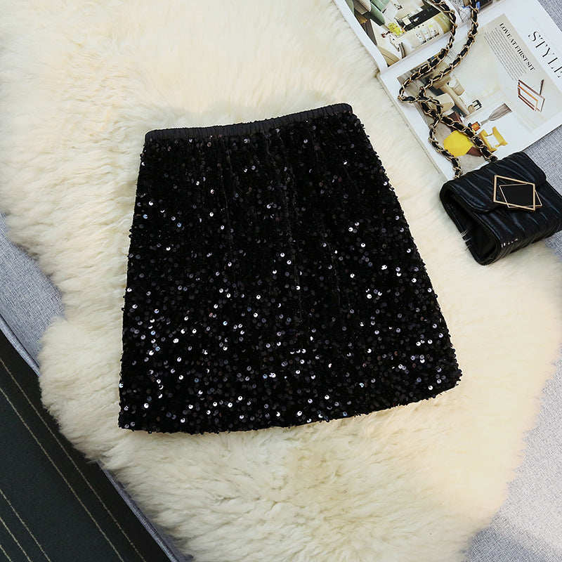 Velvet sequined skirt skirt women's black skirt shiny skirt short skirt large size shiny skirt spring autumn and winter