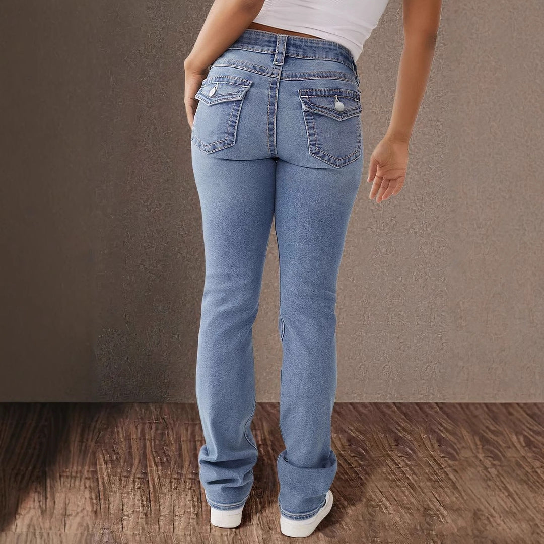 VAKKV 2025 trade cross-border 2025 spring new double-button mid-waist straight jeans women's slim temperament trousers