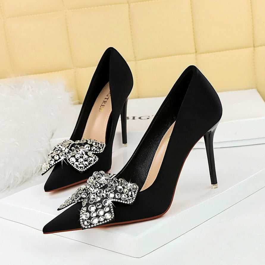 2025 18249-AH29 Korean version banquet high heels stiletto high heel satin light mouth pointed rhinestone bow women's shoes