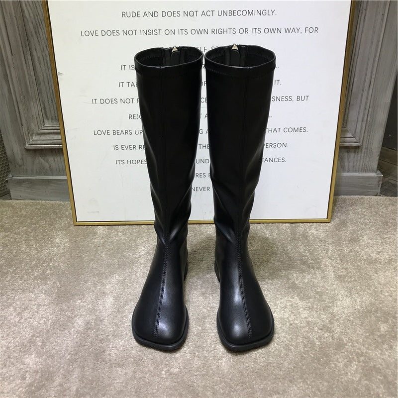2025 South Korea Dongdaemun popular autumn and winter new square head retro flat bottom elastic high boots British style knight boots women's tide