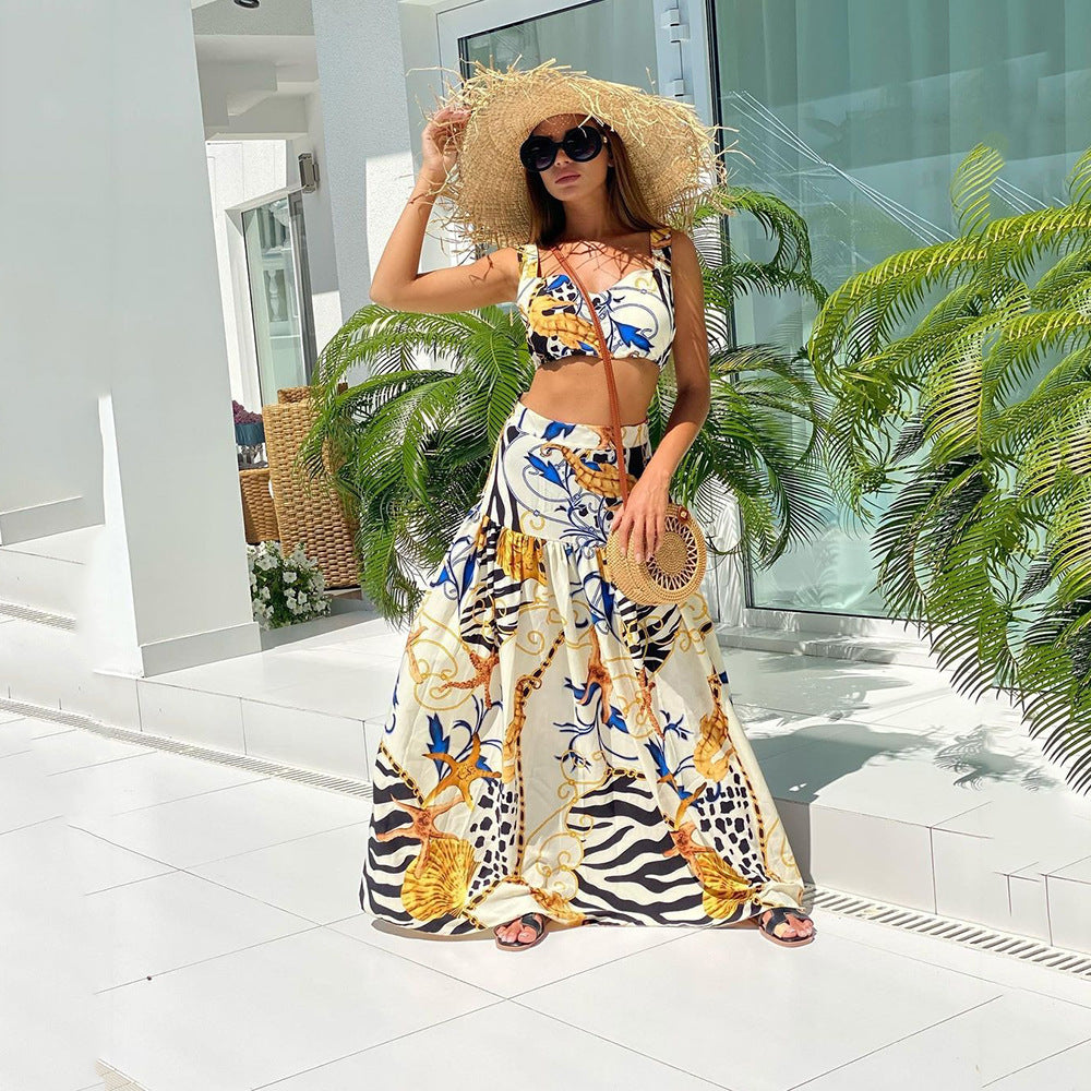 2025 Cross-border Spring and Summer New 2025 Women's Clothing Sexy Temperament Suspender Printed Dress Set Beach Dress Two-piece Pack