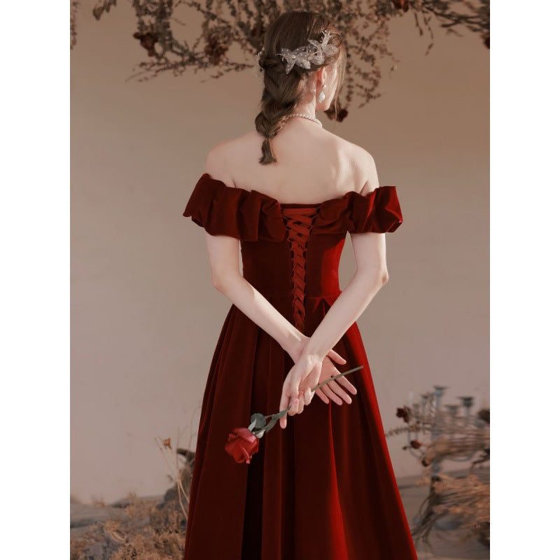 VAKKV TOAST Clothing Bride off-Shoulder Velvet New Marriage Engagement Wine Red Dress Female Daily Style Wholesale