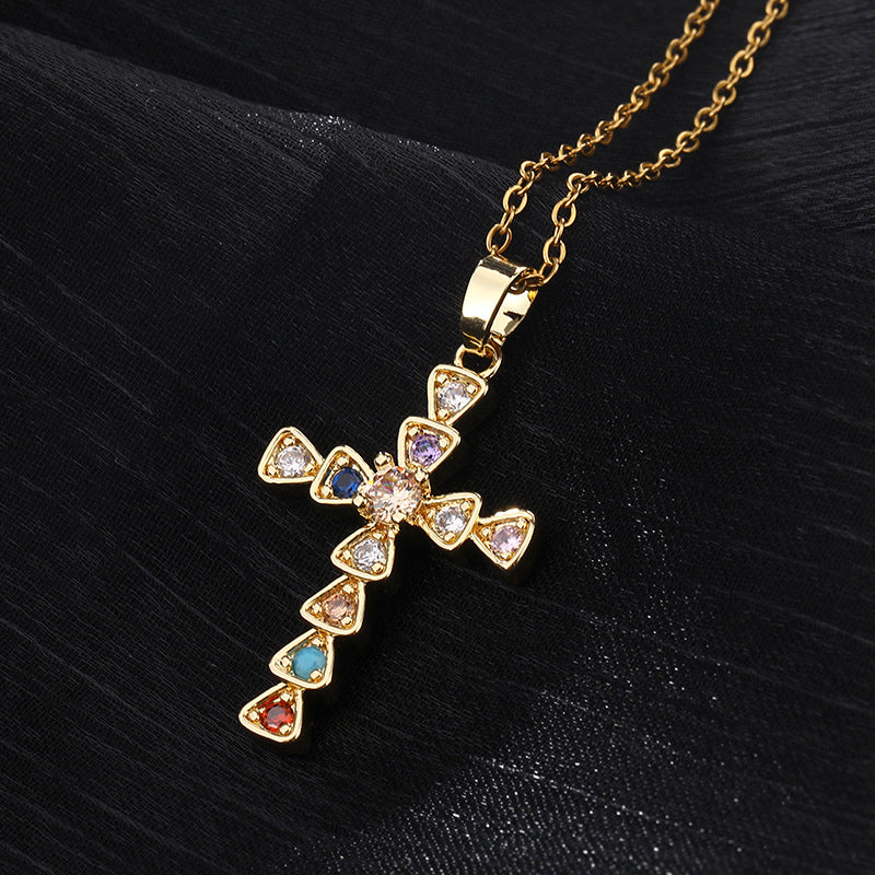 INS Vintage Gold Cross Necklace Personalized Pendant Zircon European and American Style Necklace Special-Interest Design Titanium Steel Clavicle Chain