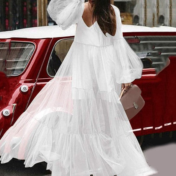 VAKKV Cross-Border Summer New European and American Women's V-neck Fashion Puff Sleeve Mesh See-through Dress Long Dress
