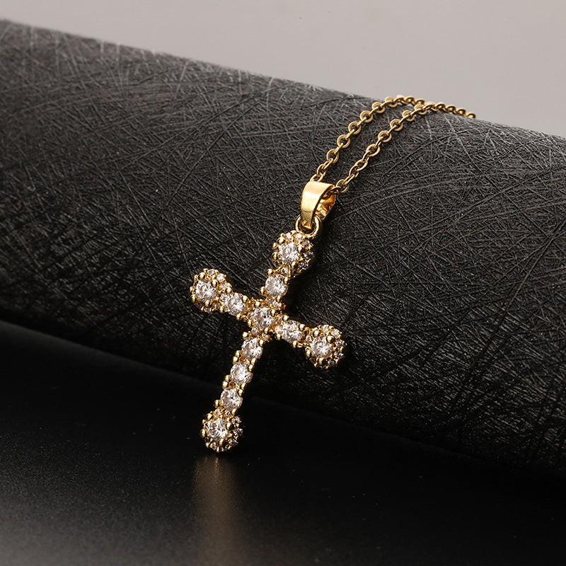 INS Vintage Gold Cross Necklace Personalized Pendant Zircon European and American Style Necklace Special-Interest Design Titanium Steel Clavicle Chain
