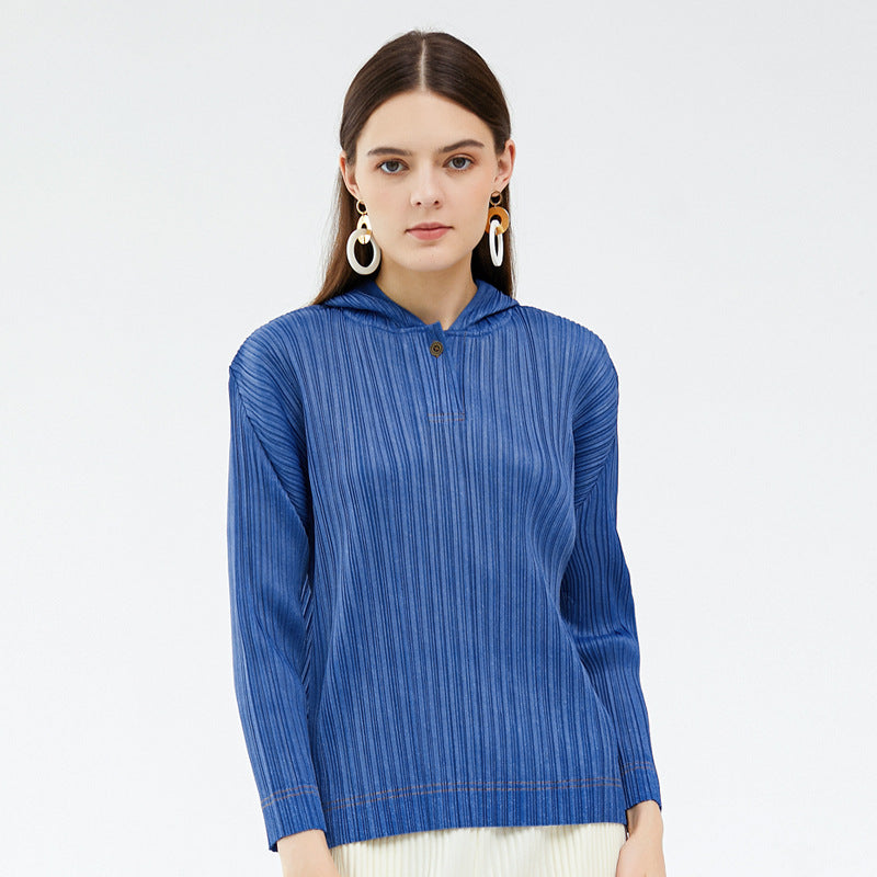 spring new solid color basic pleated t-shirt long-sleeved casual top design sense Korean version hooded sweater women