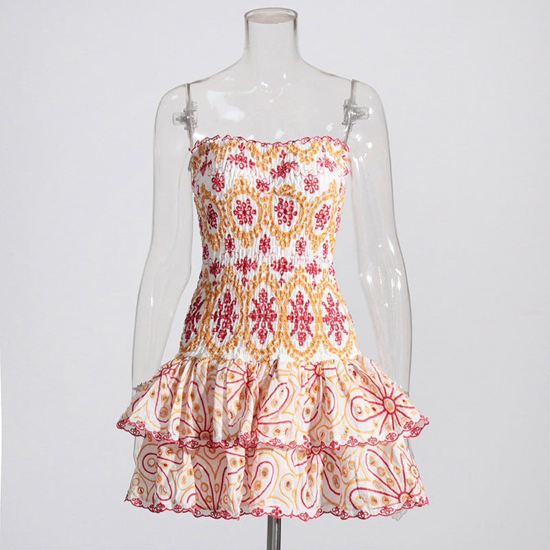 European and American Heavy Industry Smocking Strapless Dress New Design Sense Hollow-out Hook Flower Slim Fit Slimming and Short Dress Women