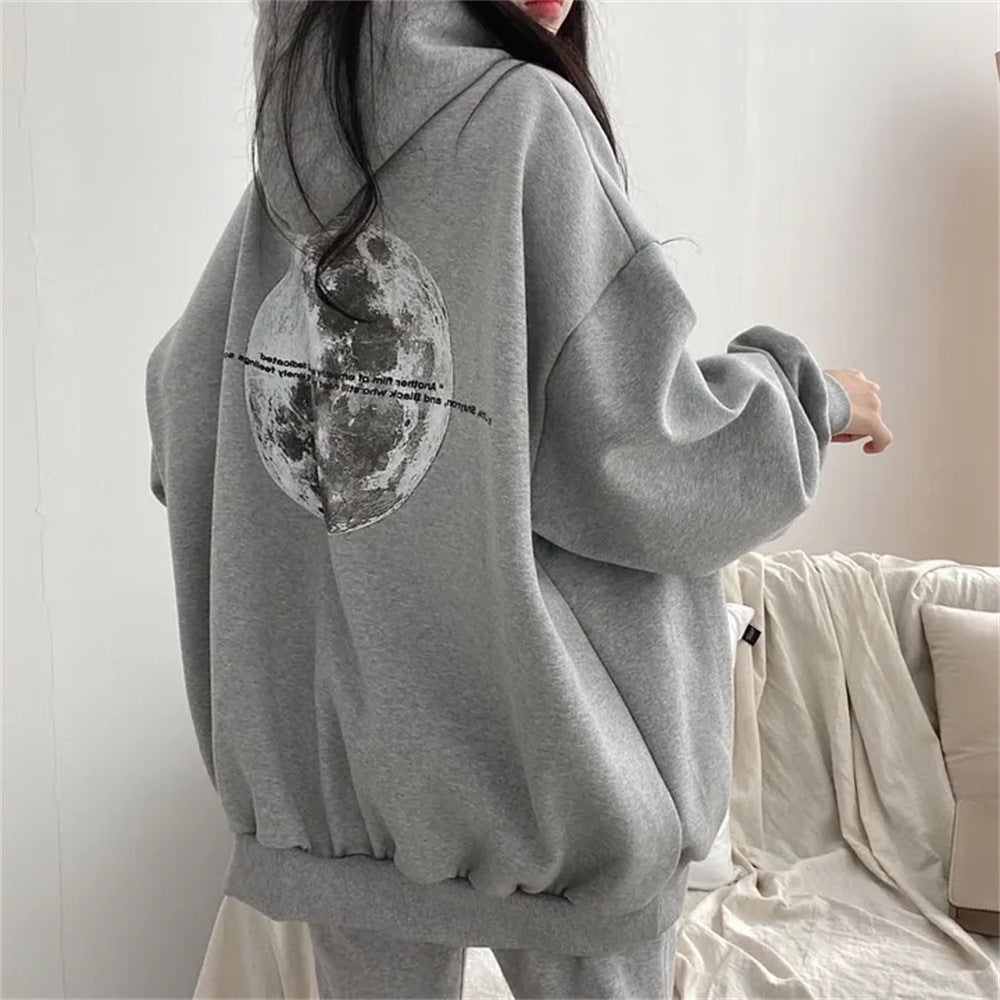 VAKKV Manufacturer gray moon thin hooded sweater women's spring and autumn loose autumn and winter velvet Korean version pullover lazy wind jacket