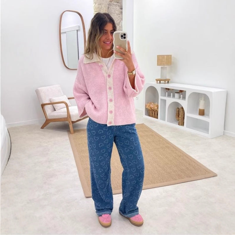 VAKKV cross-border Europe, America and 2025 spring new love crochet jeans women's casual washing straight trousers