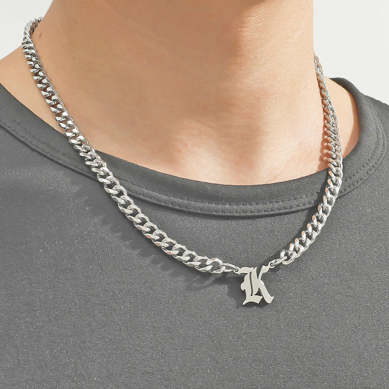 Cross-Border Hot Selling Stainless Steel English Letter Pendant Necklace Ins Cuban Necklace Hip Hop Street Trend New Product