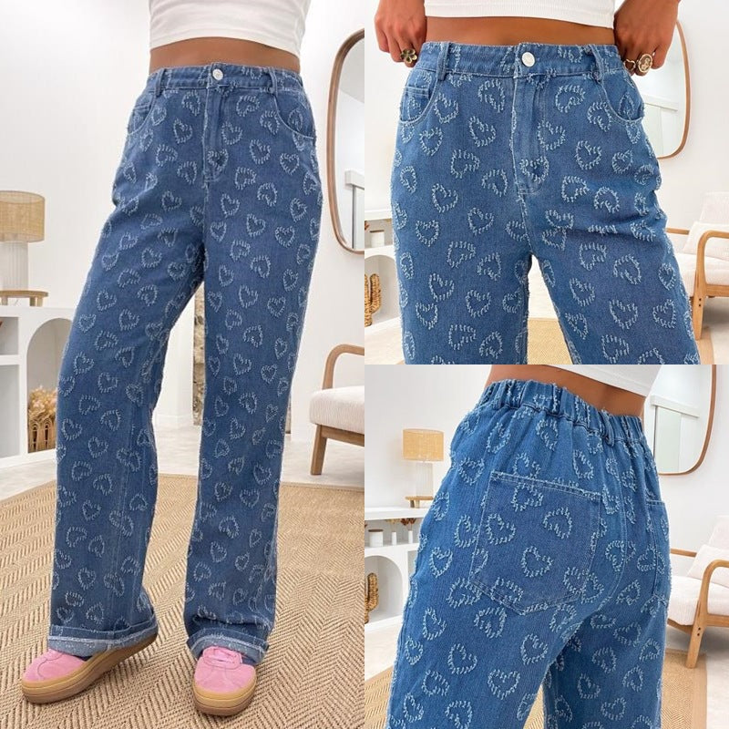 VAKKV cross-border Europe, America and 2025 spring new love crochet jeans women's casual washing straight trousers