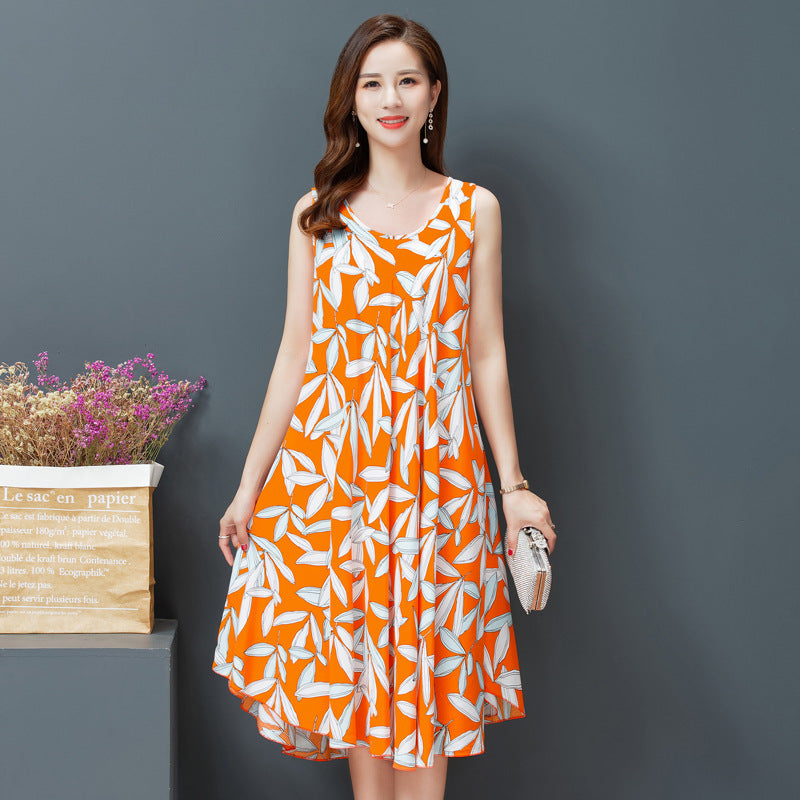 Large Size Bourette Vest Dress Summer New Ethnic Style Women's Clothing Artistic Retro Printing Sleeveless Swing Long Dress