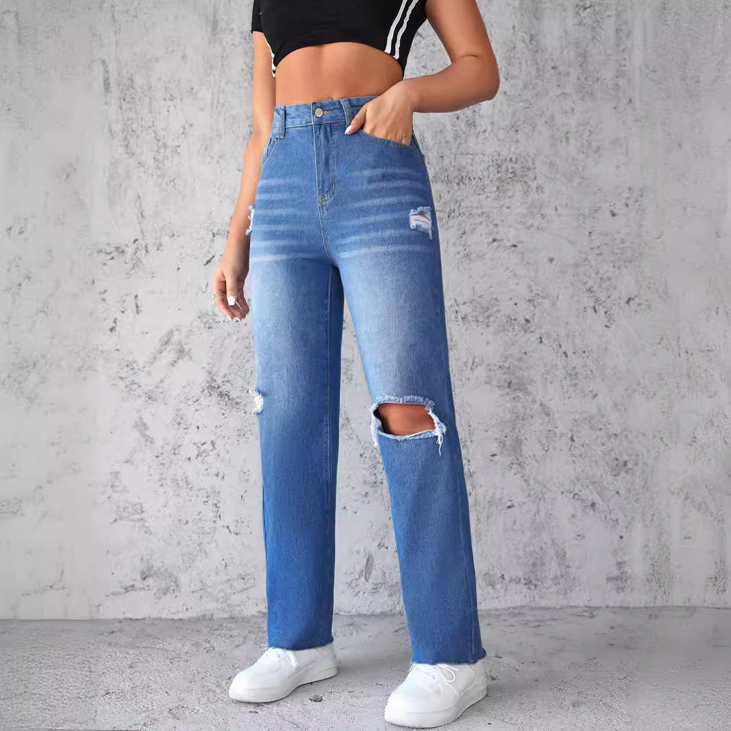 VAKKV Factory direct sales popular 2025 New Popular trade straight jeans women's washed holes non-elastic wide-leg trousers spot