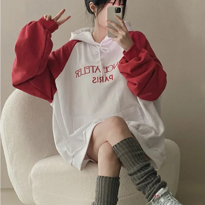 VAKKV Manufacturer 2025n retro burgundy shoulder sleeve sweater women's spring loose contrasting color splicing long sleeve oversize hooded