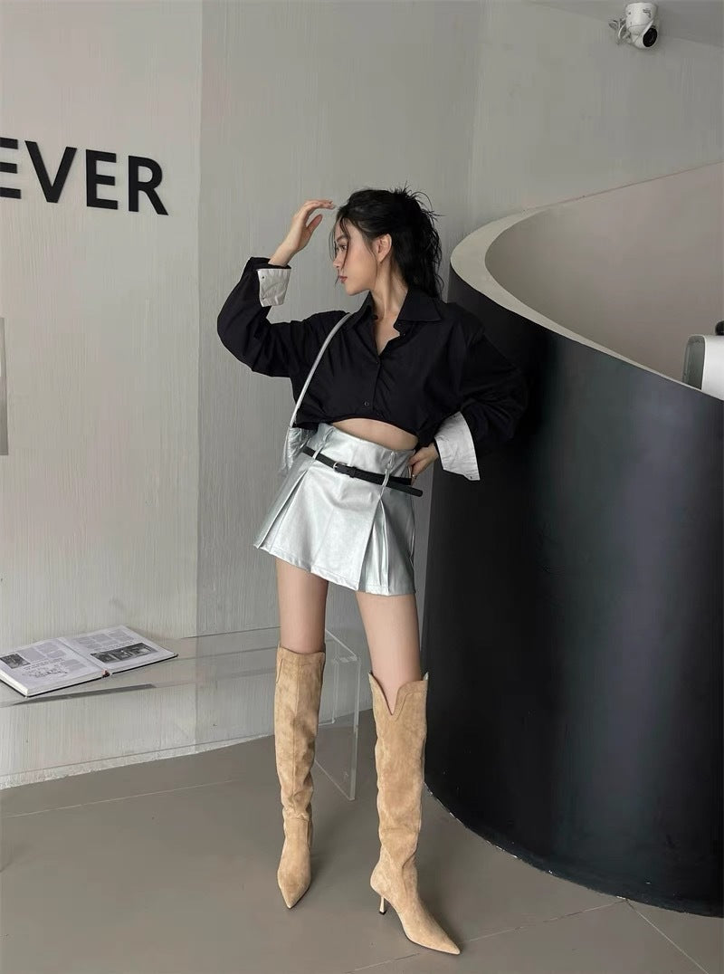 2025 Long boots women's pointed head thin heel V-mouth thin pleated piled boots retro suede high heel thin boots