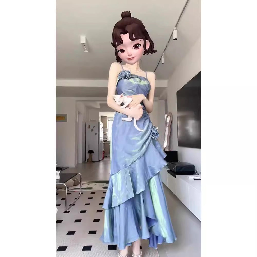 VAKKV Evening Dress New Style Mermaid Blue Sling Dress Women's Summer Princess Birthday Dress