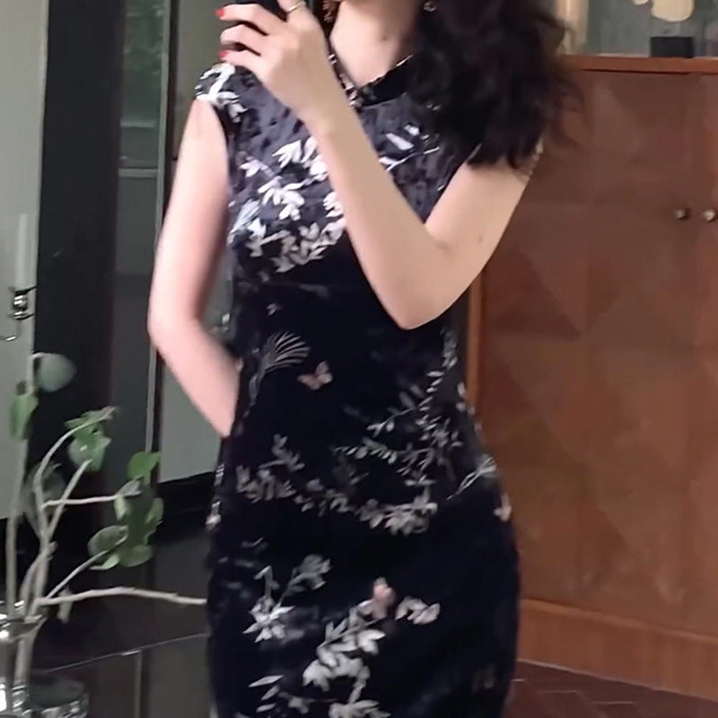 VAKKV 2025 PC058 New Midie Fragrance Early Spring New Chinese Velvet Cheongsam Dress Slim Fit Hip Wrap Long Dress Women