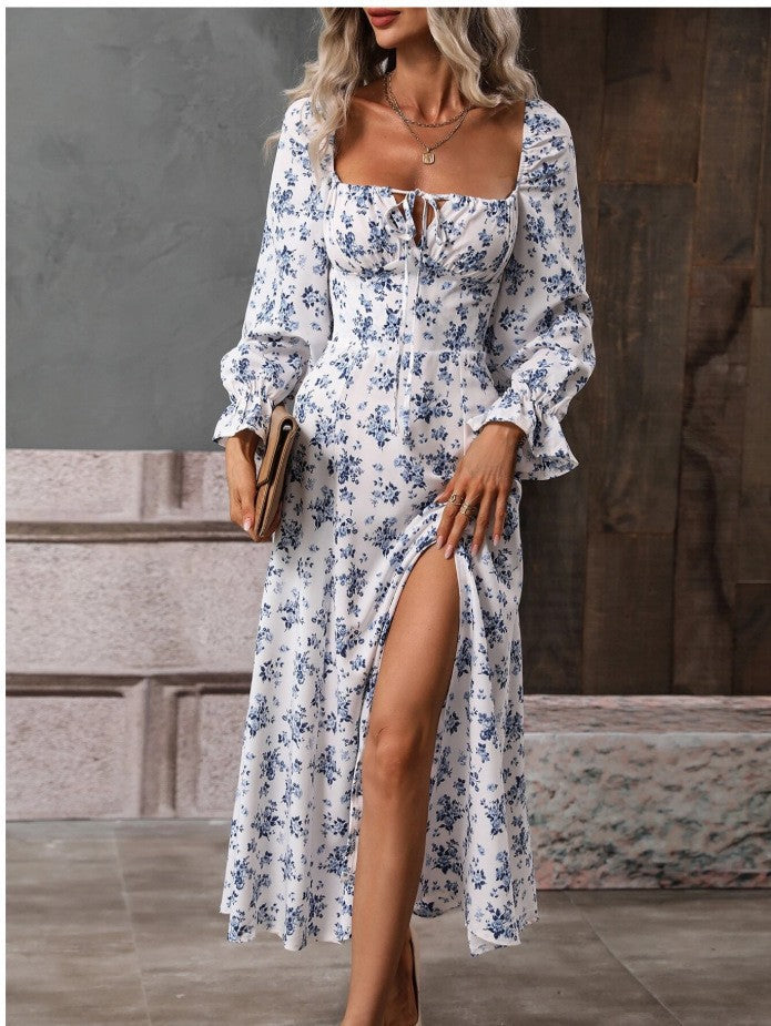 Cross-Border Foreign Trade European and American Women's Clothing Spring Independent Station Printing Long Sleeve Square-Neck Bottom Slit Dress