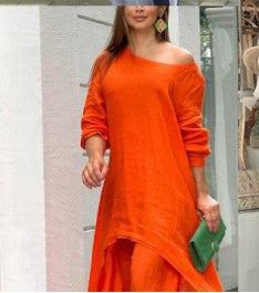 European and American New Women's Clothing Cotton and Linen Fashion Casual plus Size Irregular Long Sleeve Suit Wide Leg Pants Two-Piece Set