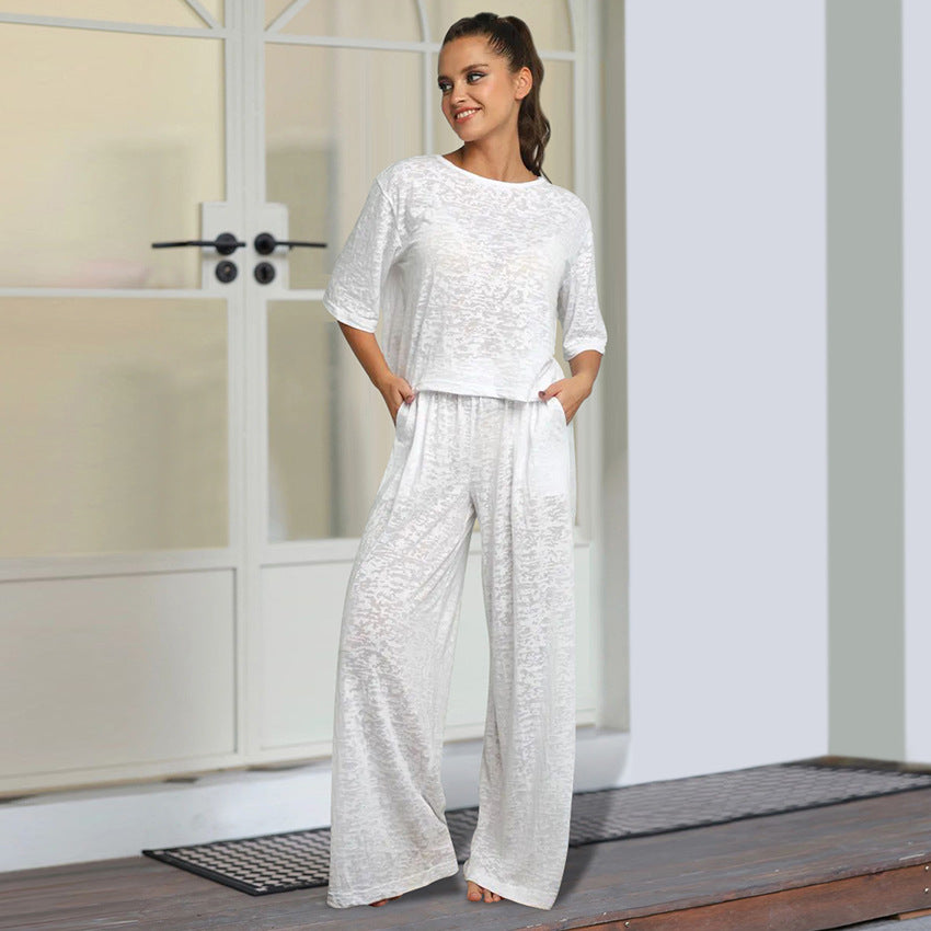 VAKKV 2025 new solid color knitted loose casual and comfortable pajamas women's summer five-quarter sleeve trousers loungewear New