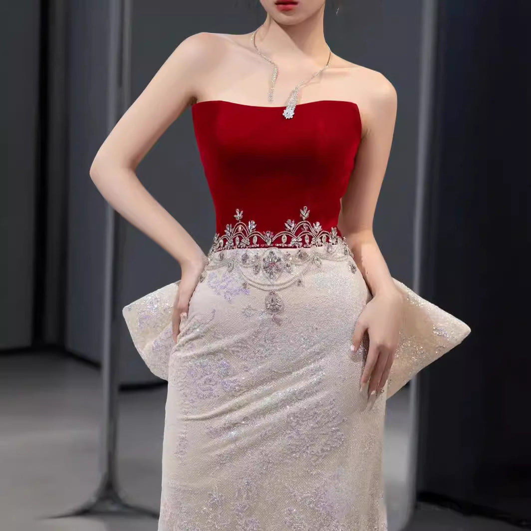 VAKKV Wine Red Host Tube Top Model Catwalk Beaded Toast Dress Starry Sky Annual Meeting Super Fairy Mermaid 18-Year-Old Adult Dress