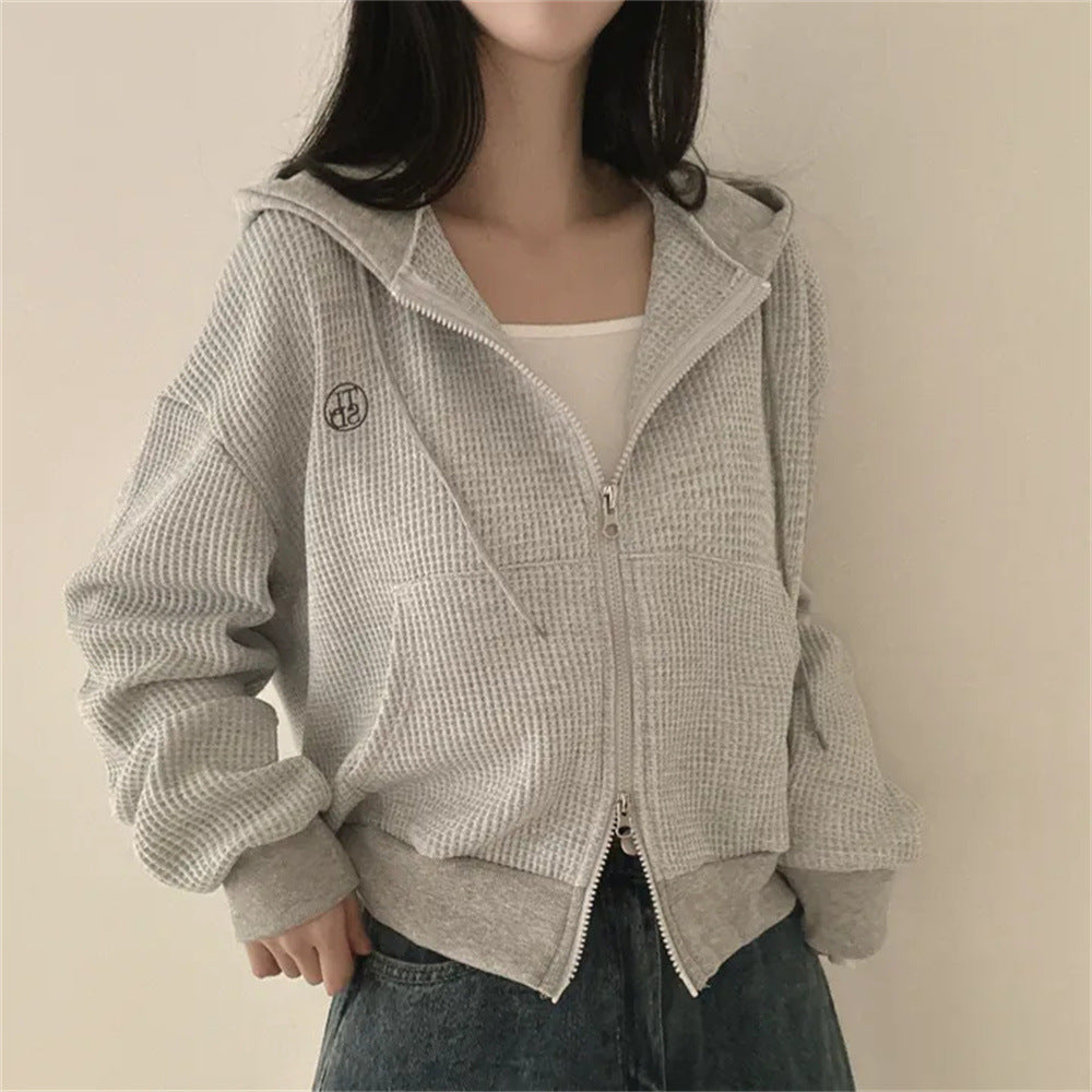 VAKKV Manufacturer Small loose zipper cardigan jacket Large size clothes Korean version hooded thin waffle sweater women