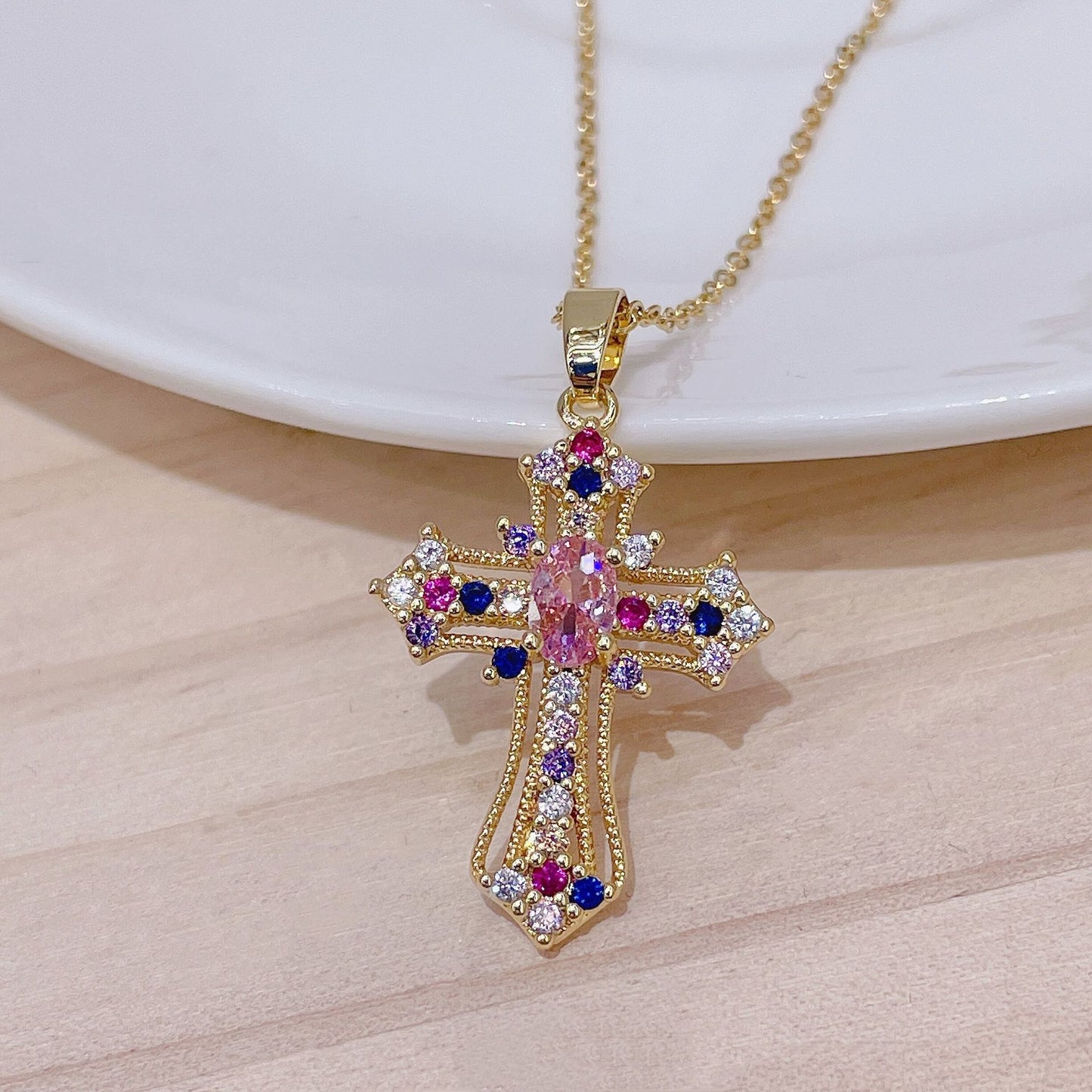 INS Vintage Gold Cross Necklace Personalized Pendant Zircon European and American Style Necklace Special-Interest Design Titanium Steel Clavicle Chain