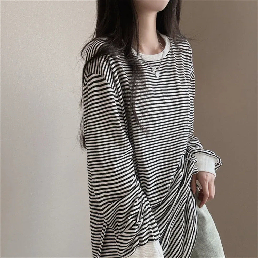 VAKKV Manufacturer's reversion Korean version of round neck striped sweater women's spring and autumn loose design sense versatile thin jacket trendy brand velvet