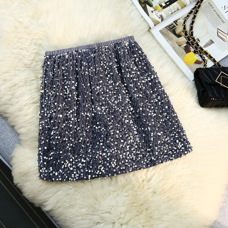 Velvet sequined skirt skirt women's black skirt shiny skirt short skirt large size shiny skirt spring autumn and winter