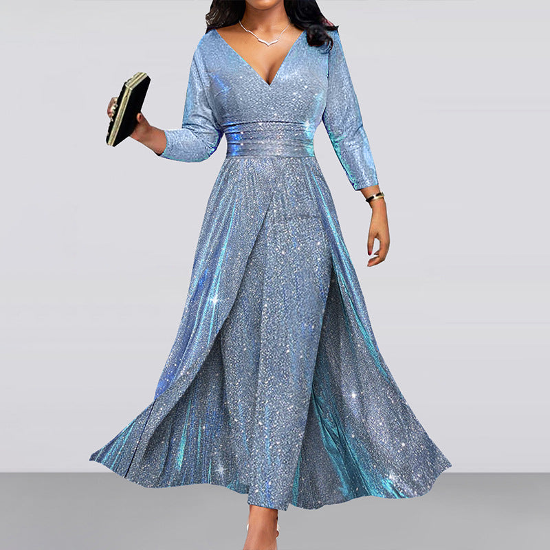 VAKKV Foreign Trade European and American Banquet Dress Ins Double-Sided Sequined Large Skirt Tube Top Sexy Fashion Jumpsuit