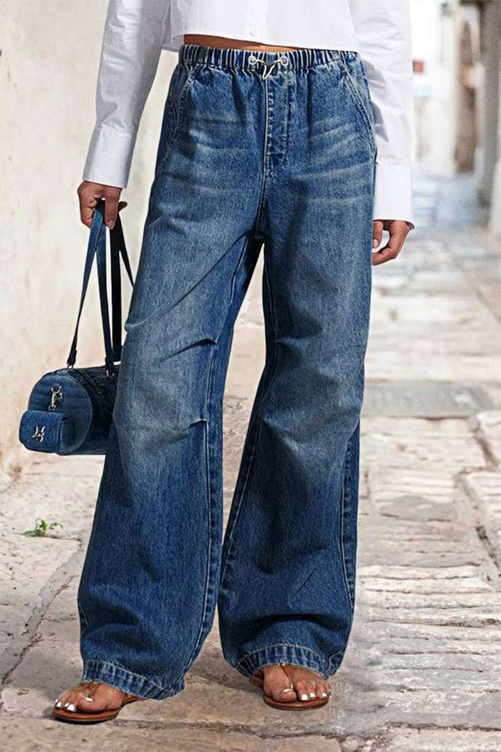 VAKKV 2025 spring new 2025 cross-border mid-waist wide-leg pleated loose jeans women's street retro straight-leg pants