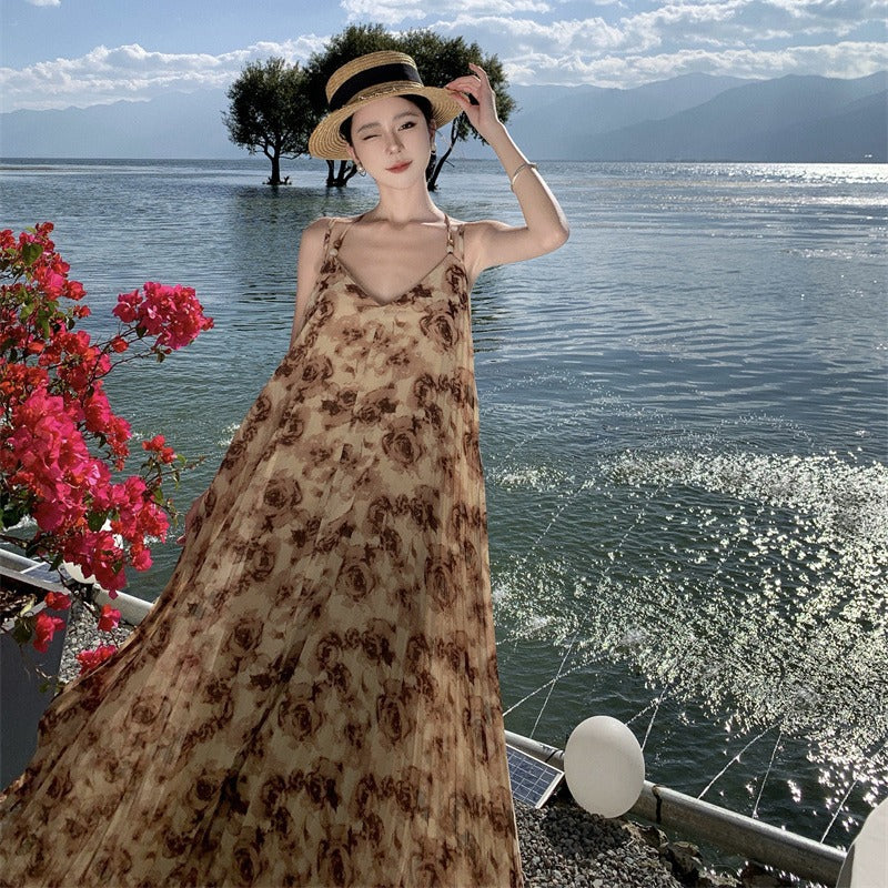 2025 Retro rose print seaside vacation wind beaded suspender dress women's summer lazy casual loose beach dress