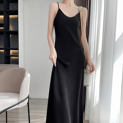 24 New High end Acetic Acid Sling Skirt Women's Long Off Shoulder Satin Sling Dress Mid length Summer Women's Outwear