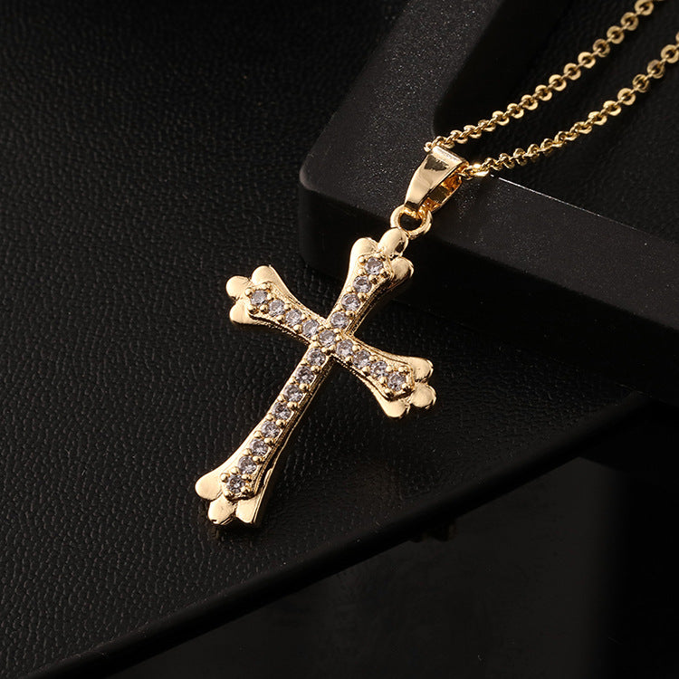 INS Vintage Gold Cross Necklace Personalized Pendant Zircon European and American Style Necklace Special-Interest Design Titanium Steel Clavicle Chain
