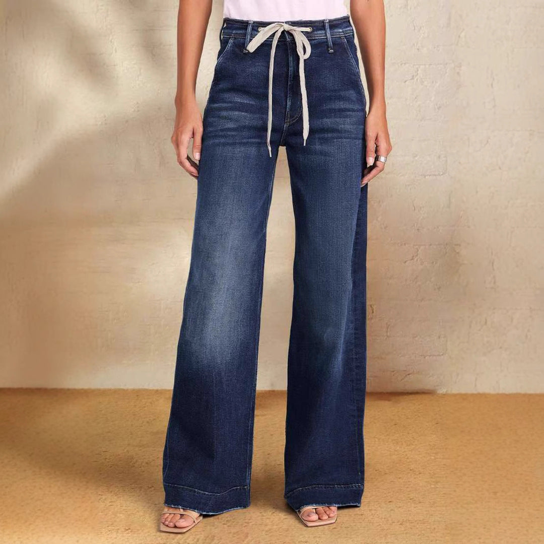 VAKKV Hot trade wholesale 2025 women's clothing 2025 spring new lace-up elastic jeans straight temperament wide-leg trousers