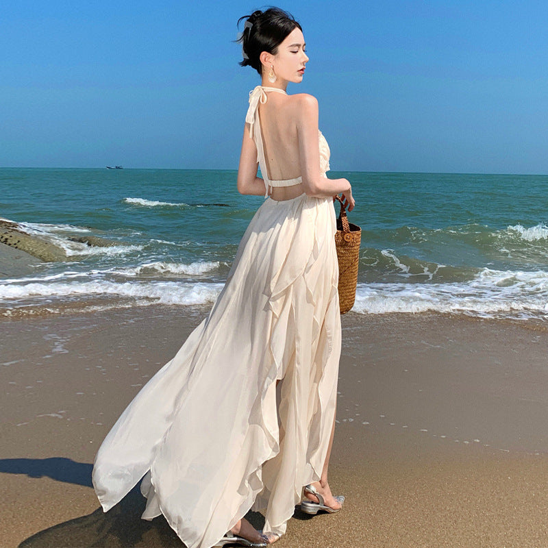 2025 Sexy temperament heavy industry neck suspender dress women's summer long dress white backless seaside vacation beach dress