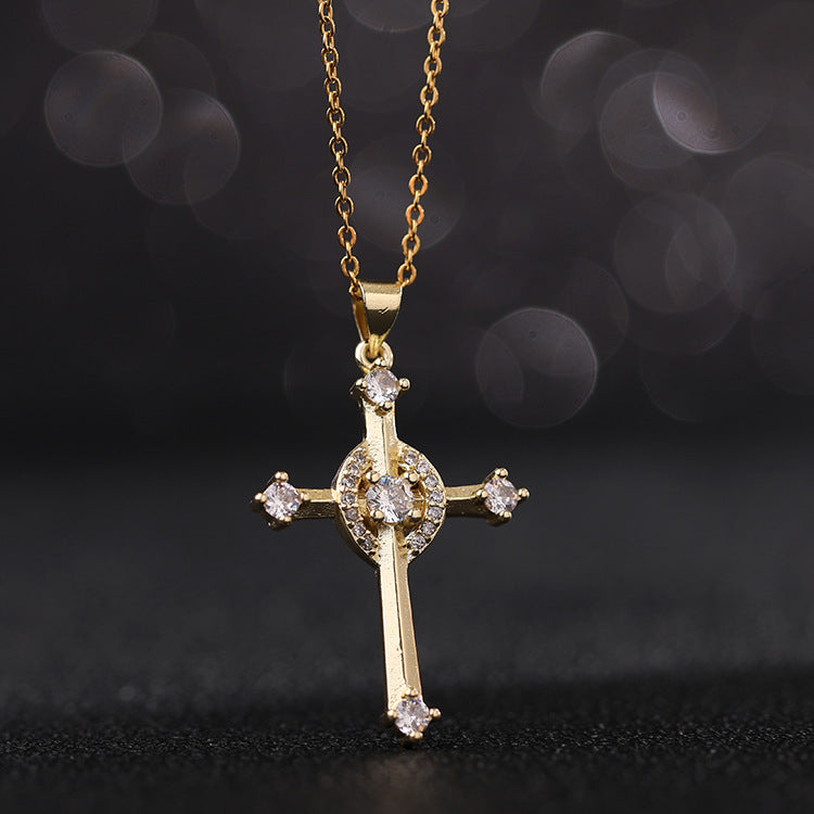 INS Vintage Gold Cross Necklace Personalized Pendant Zircon European and American Style Necklace Special-Interest Design Titanium Steel Clavicle Chain