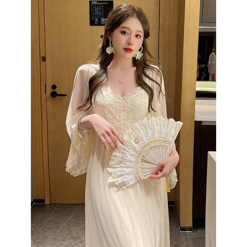 2025 High sense Internet celebrity wind suspender nightgown autumn pure desire wind nightgown mesh sexy two-piece set sexy pajamas female summer
