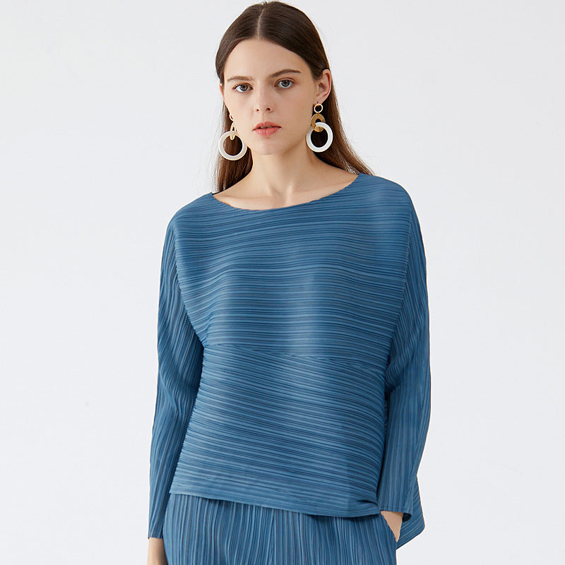 Spring and summer temperament two-piece women's suit new women's crew neck top long-sleeved pleated casual pants two-piece set